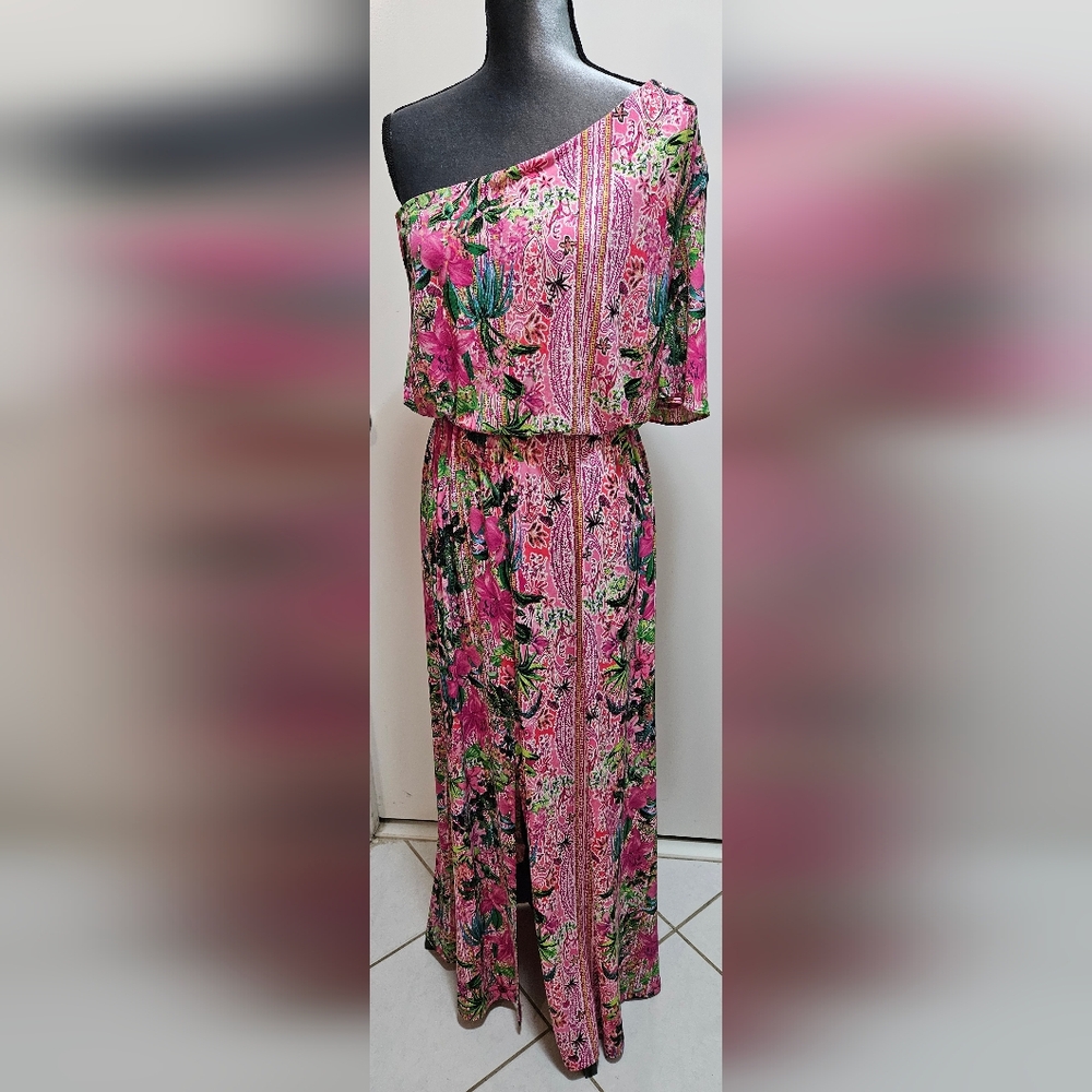 INC INTERNATIONAL CONCEPT WOMEN'S ONE SHOULDER PINK PRINTED LONG DRESS
